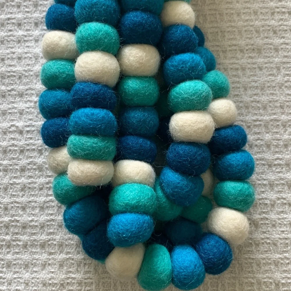 Handcrafted Felted Wool Garland - Blue, teal, and White 9 feet long